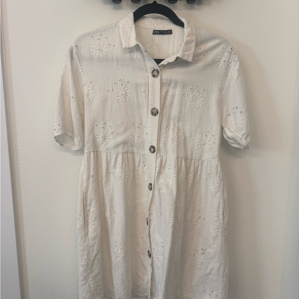Zara Cream Embroidered Button-Up Dress